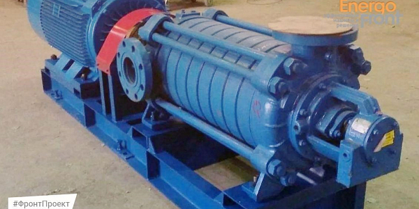 Blue multi-stage centrifugal pump unit on frame with electric motor