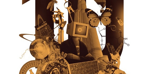 Sepia collage with monitor figure, scientific instruments and technology symbols
