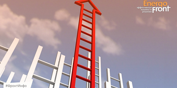 Red staircase with an upward arrow among white stairs against the sky