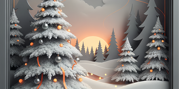 Winter landscape with snow-covered spruce, silver balls and an orange glow on the horizon