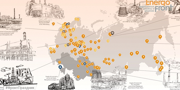 Infographics of a map of Russia with EnergoFront projects and sketches of industrial facilities
