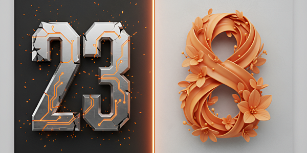 Double card with metal number 23 and floral eight for the spring holidays