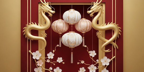 Holiday graphic with golden dragons, lanterns and flowers on a red background
