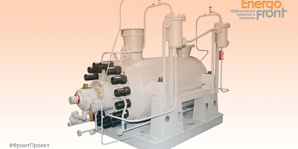 Light gray industrial pumping unit on a frame with the EnergoFront logo (Kharanorskaya GRES)
