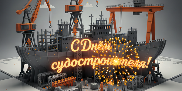 3D postcard Happy Shipbuilder's Day with a ship and orange cranes