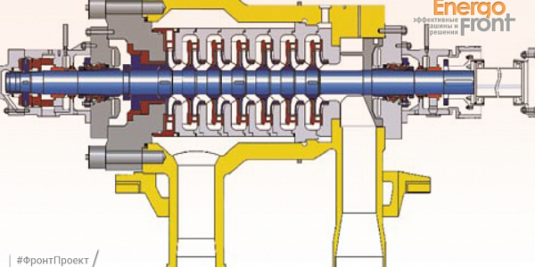 Sectional drawing of a multistage centrifugal pump with a blue shaft
