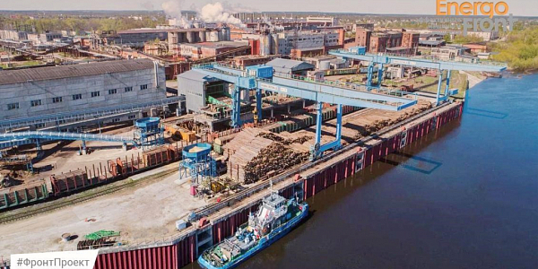 Top view of a riverside factory with gantry cranes and stacks of logs