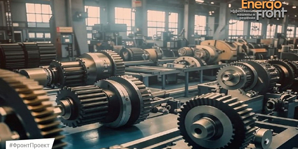 Large gear shafts and gears on blue stands in a machine shop