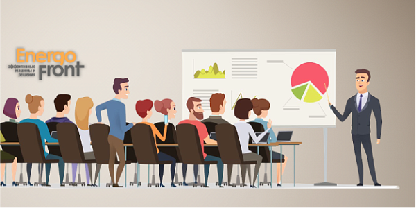 Vector illustration of sales training: speaker at the board with graphs and audience