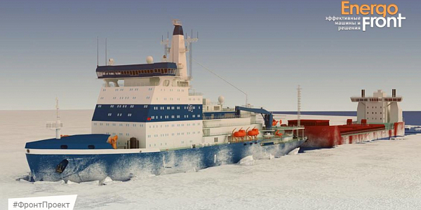 3D scene of an icebreaker leading a red ship through solid ice