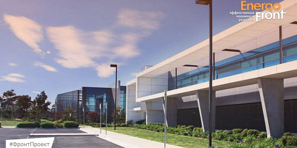 Modern white building with glazing and lawn, EnergoFront logo on the frame